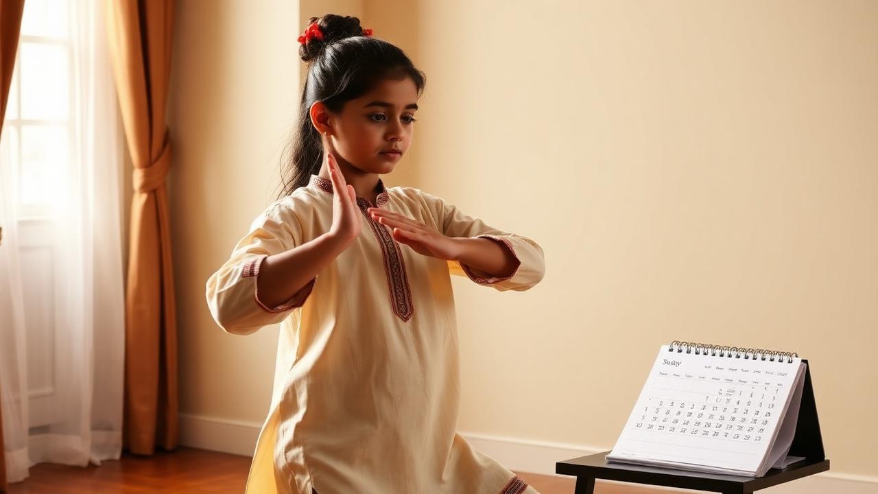 Young Indian girl practising basic Kathak stance with a calendar nearby