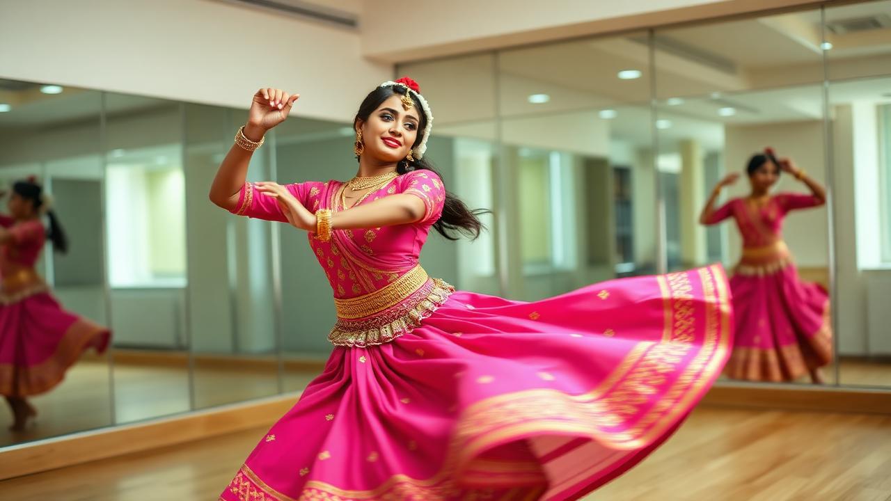 Joyful Kathak dancer in pink and gold lehenga mid-spin in a bright dance studio