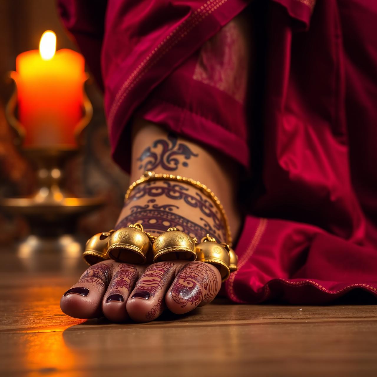 Golden ghungroo bells on Kathak dancer's feet