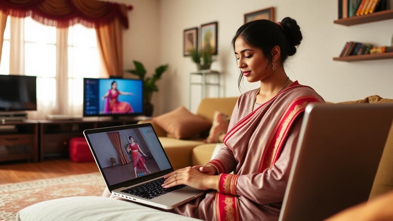 Indian woman in saree learning Kathak through laptop video class at home