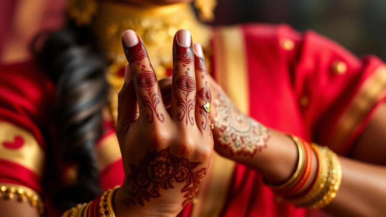 Close-up of henna decorated hands showing classical Kathak mudras