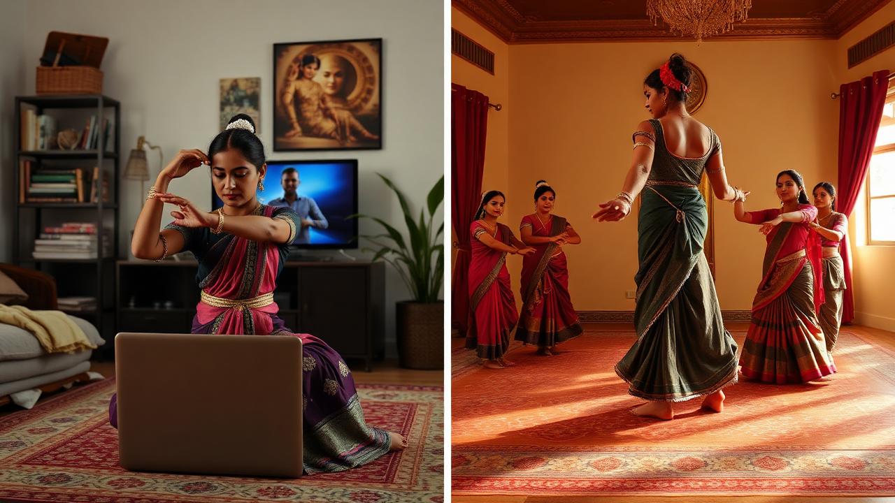 Side by side comparison of online Kathak class at home and offline Kathak class in studio