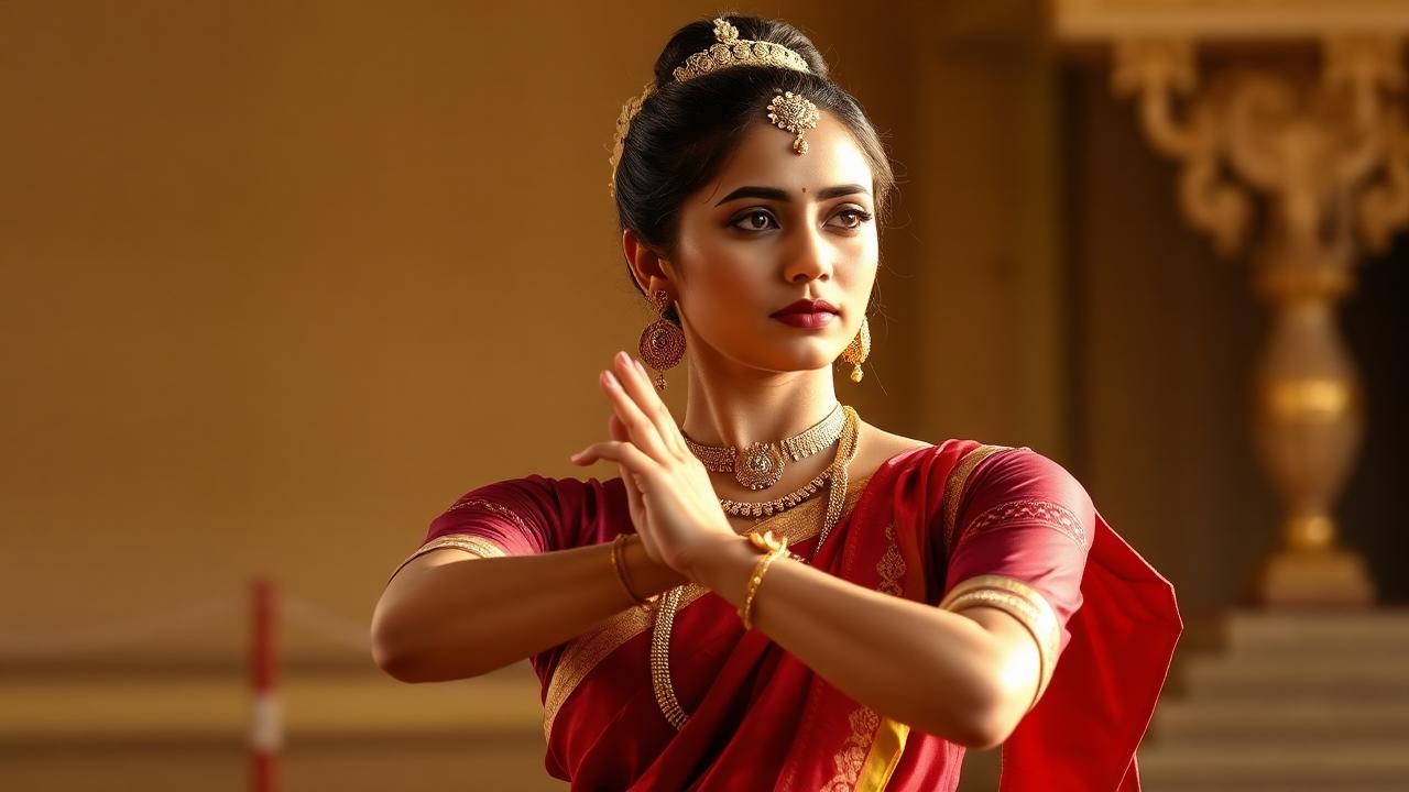 Kathak dancer in maroon costume demonstrating a hand mudra carefully