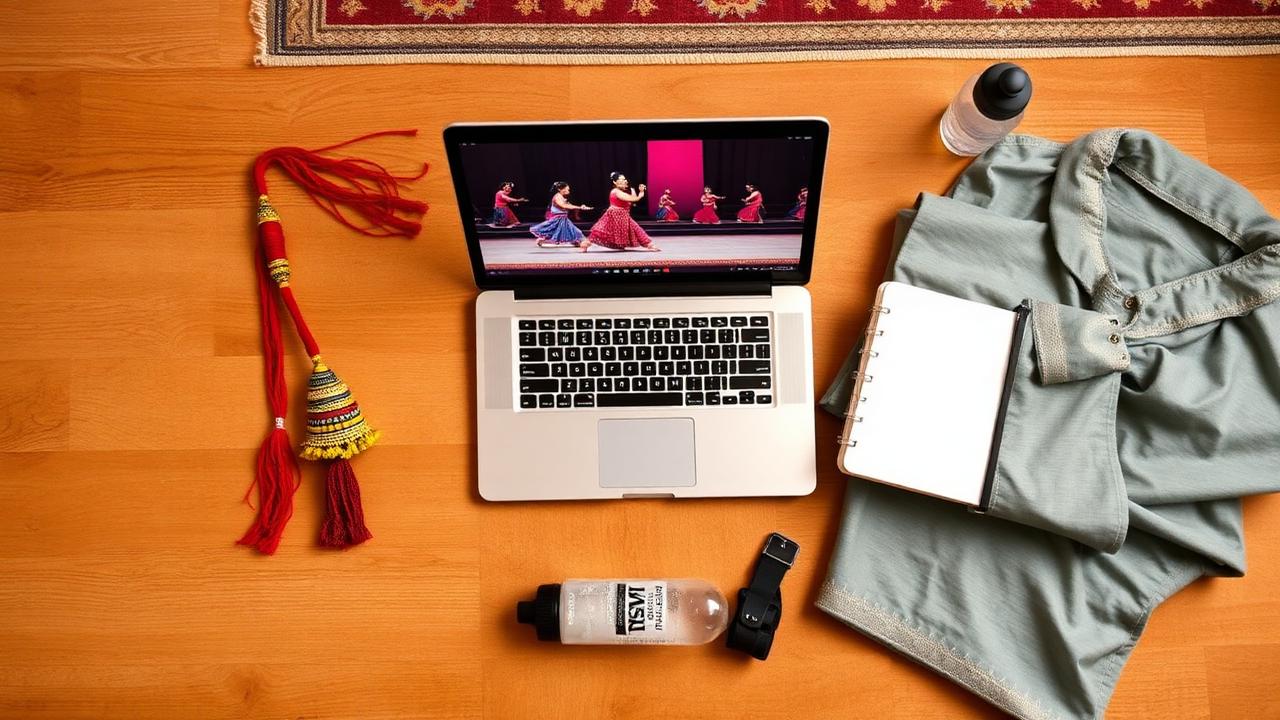 Top view of essentials for online Kathak class — laptop, ghungroos, kurta and notebook