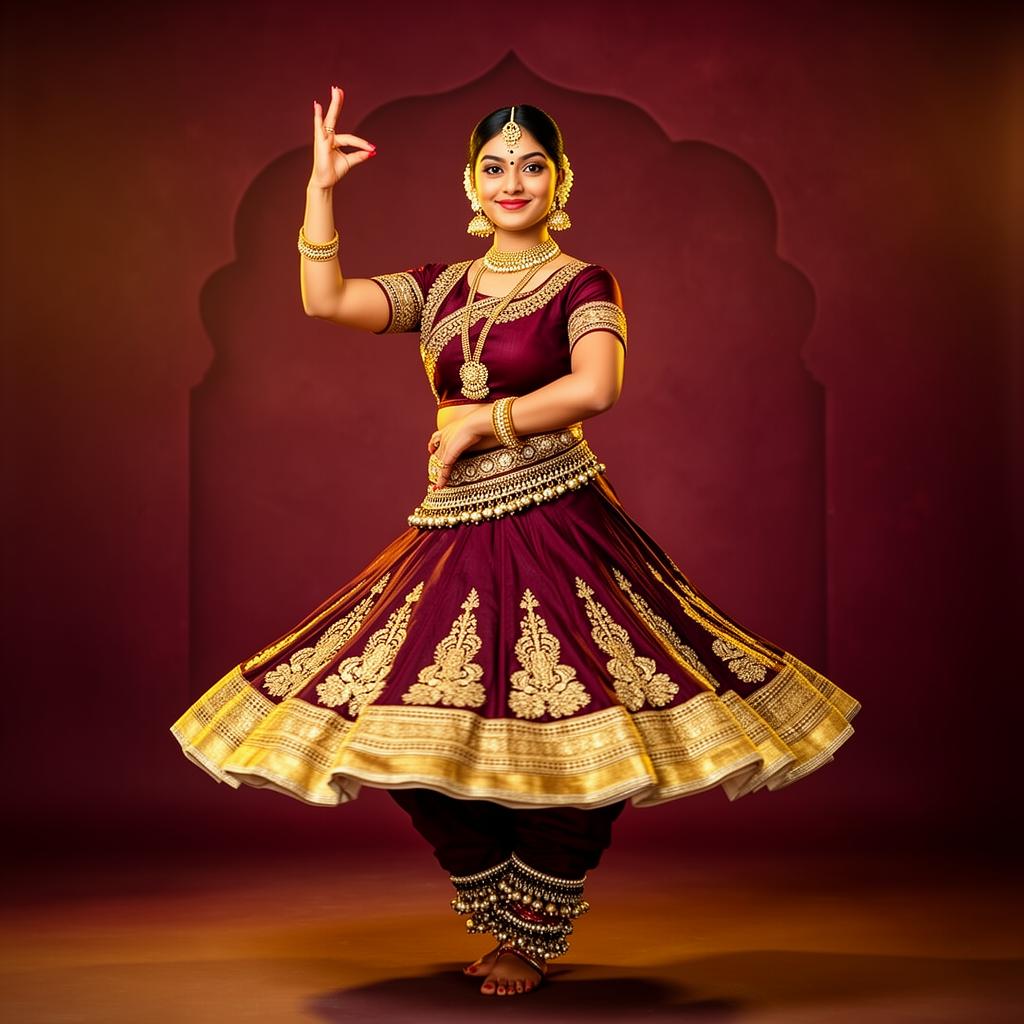 Young Indian lady Kathak dancer in maroon and gold lehenga performing classical pose